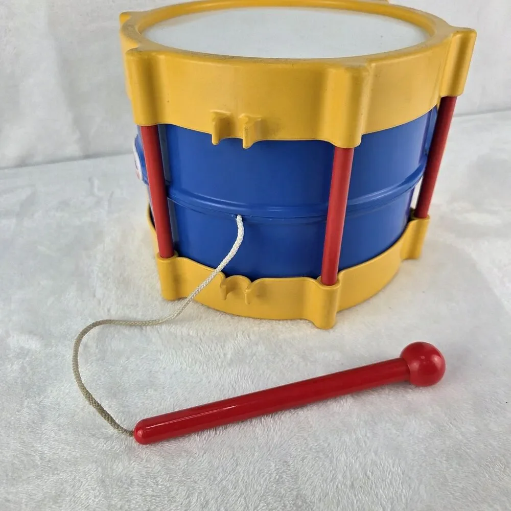 Vintage Little Tikes Rhythm Drum Turn Crank Drumstick Music Blue Yellow Red Toy